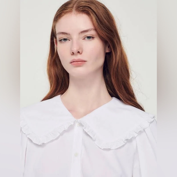 sandro Alda Ruffle Collar Button-Up Shirt in White - Picture 2 of 7